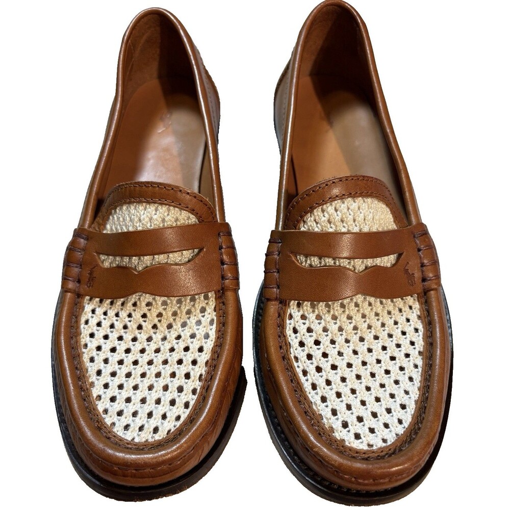 Polo Ralph Lauren Womens 6B Penny Loafers Brown Leather Cream Woven Moc Toe $468